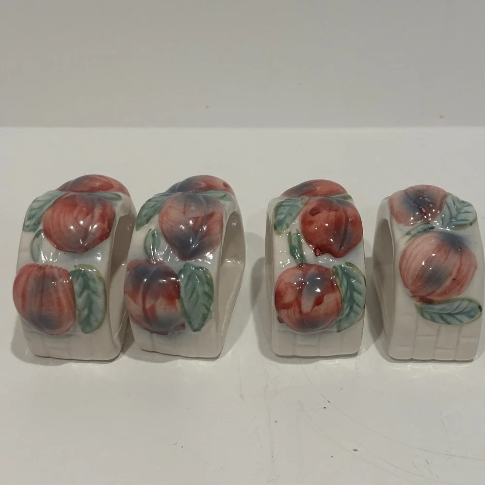 Vintage Ceramic Fruit Napkin Rings Set of 4 Peach Plum Basketweave Farmhouse